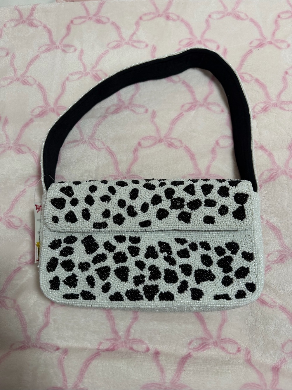 Beaded Black-and-White Leopard Print Shoulder Bag
